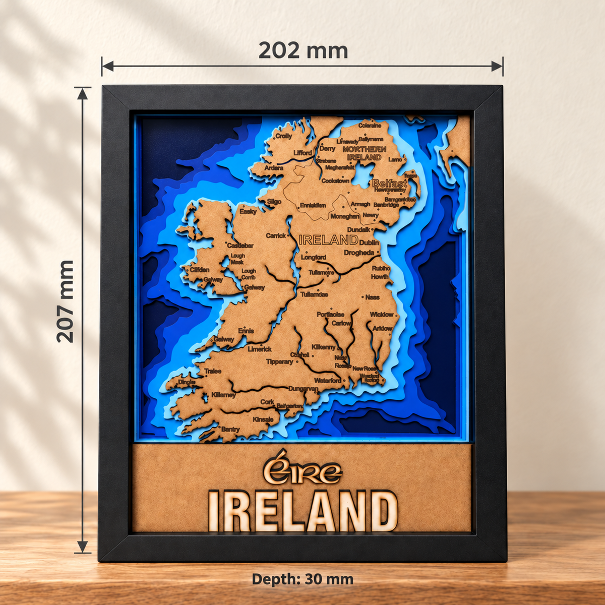 Éire Ireland Map Shadow Box – Layered Wooden Wall Art in Frame - 10 x 12