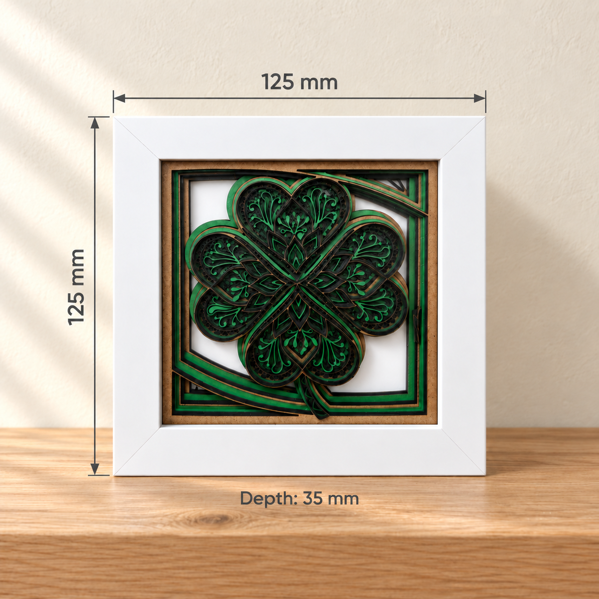 Four-Leaf Clover Shadow Box – Layered Green & Gold Wall Art in Frame - 4 x 4