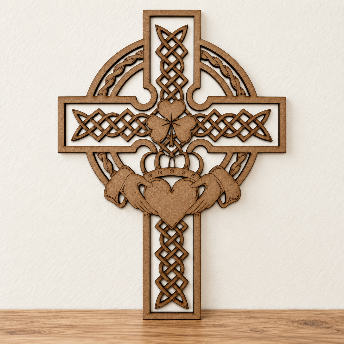 Celtic Cross Wooden Wall Art with Claddagh & Shamrock
