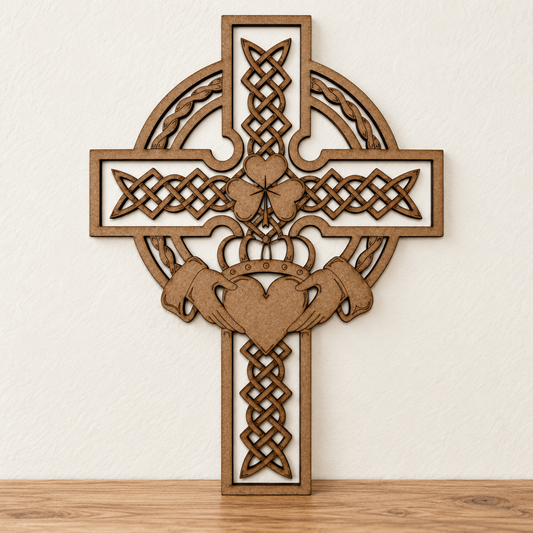Celtic Cross Wooden Wall Art with Claddagh & Shamrock