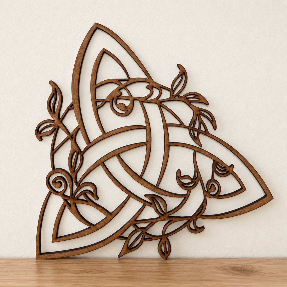 Celtic Trinity Knot Wooden Wall Art with Botanical Vines