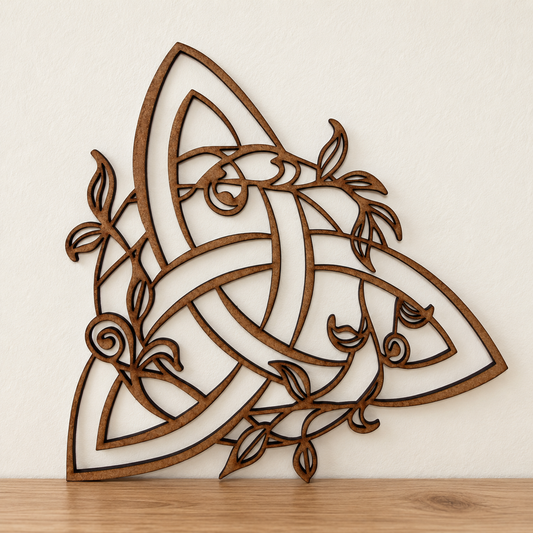 Celtic Trinity Knot Wooden Wall Art with Botanical Vines