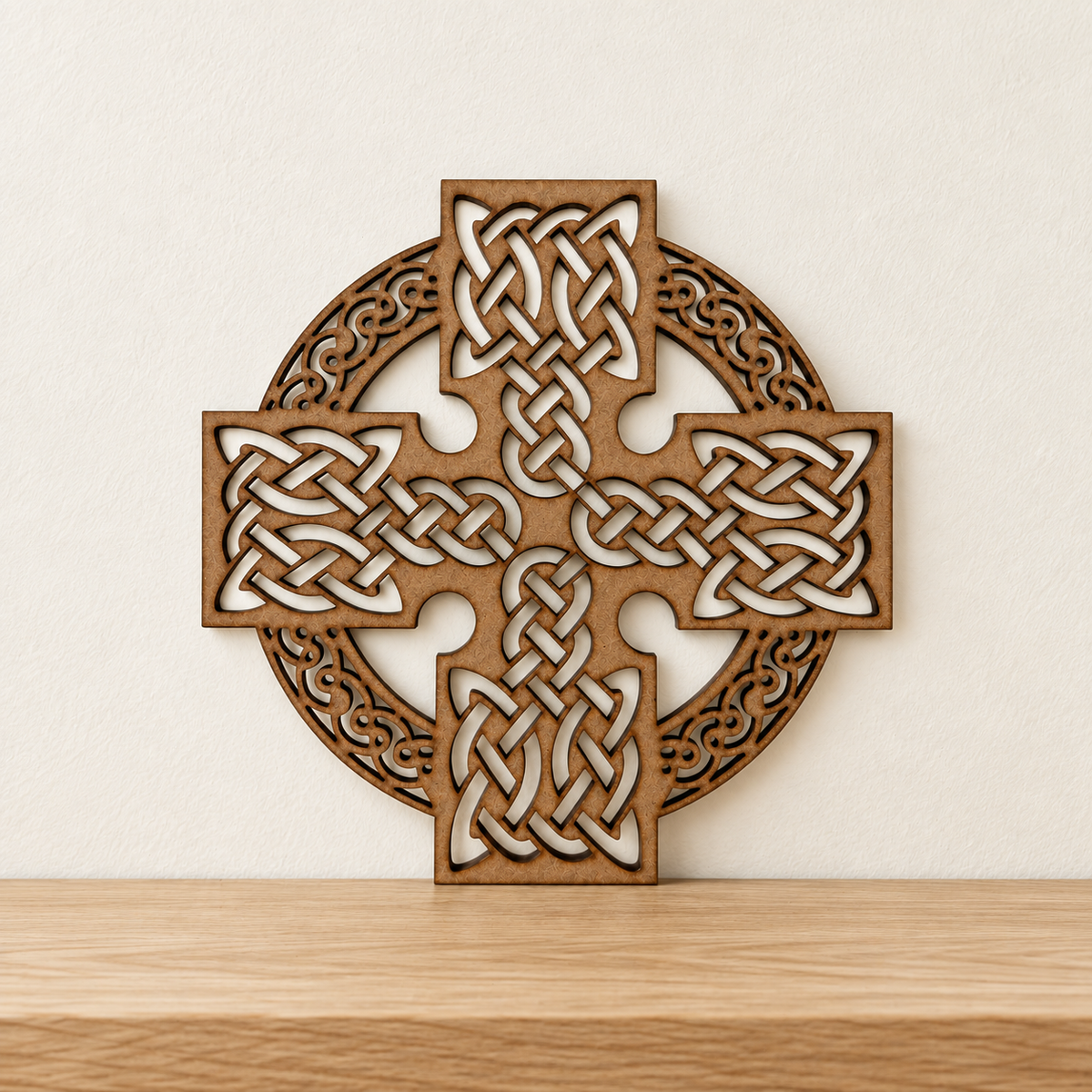 Celtic Cross Wooden Wall Art with Traditional Knotwork