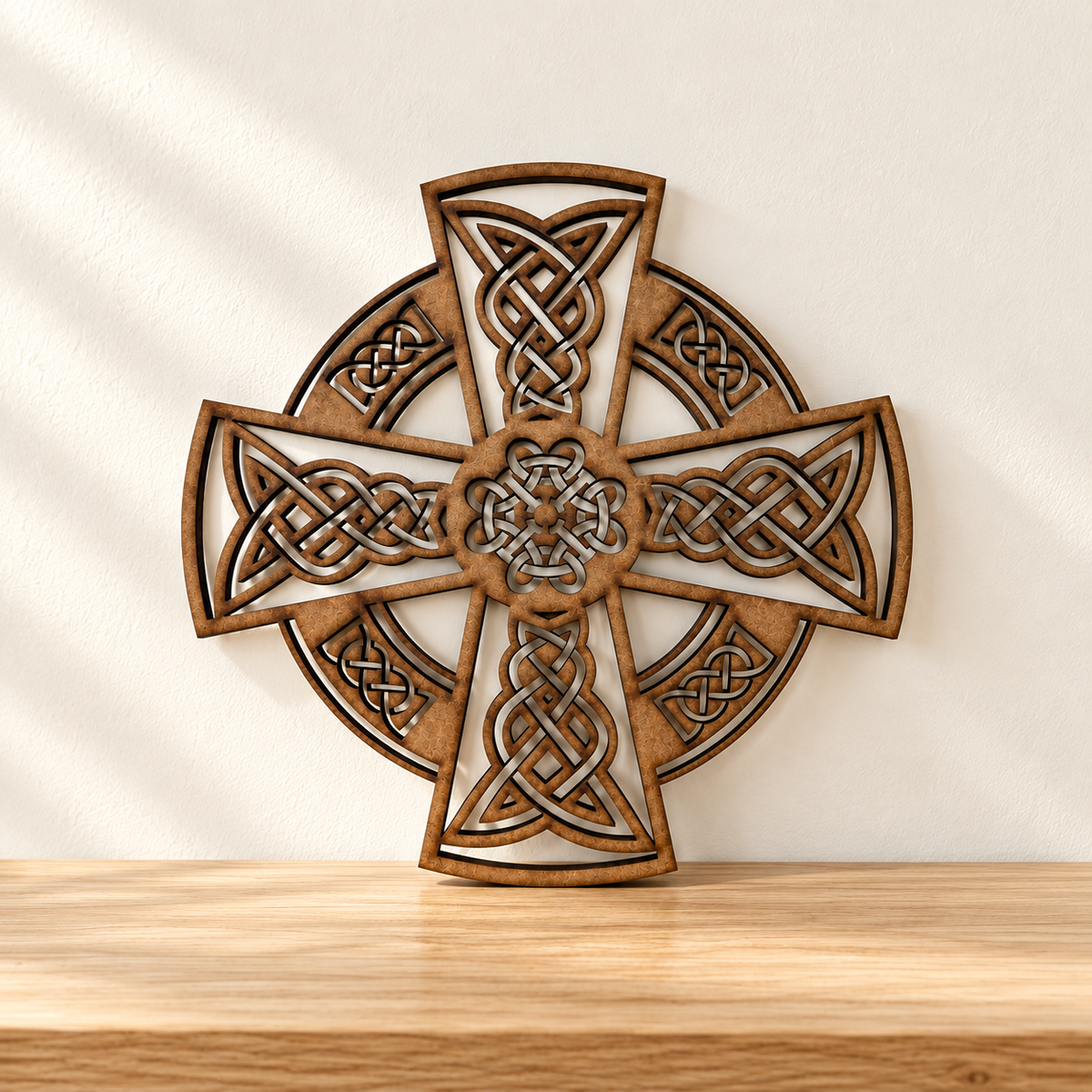 Ornate Celtic Cross Wooden Wall Art with Interwoven Knotwork