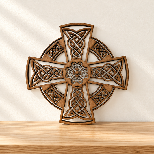 Ornate Celtic Cross Wooden Wall Art with Interwoven Knotwork