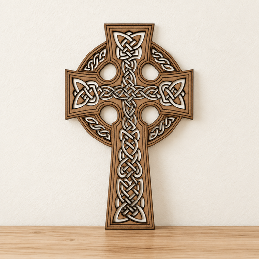 Traditional Celtic Cross Wooden Wall Art with Interwoven Knotwork