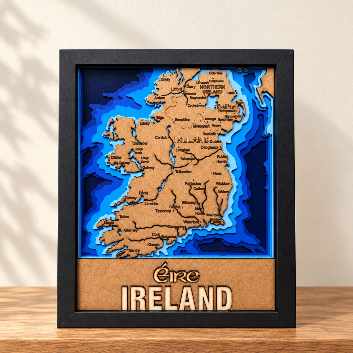Éire Ireland Map Shadow Box – Layered Wooden Wall Art in Frame - 10 x 12