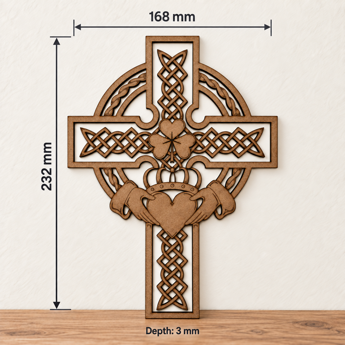 Celtic Cross Wooden Wall Art with Claddagh & Shamrock