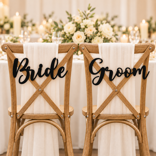 Fall in Autumn Bride & Groom Wedding Chair Signs