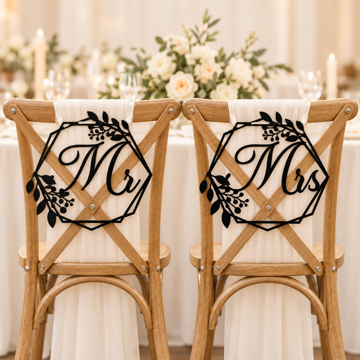 Floral Geometric Mr & Mrs Wedding Chair Signs