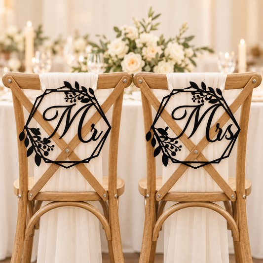 Floral Geometric Mr & Mrs Wedding Chair Signs