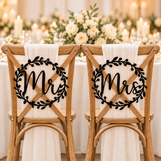 Floral Wreath Mr & Mrs Wedding Chair Signs