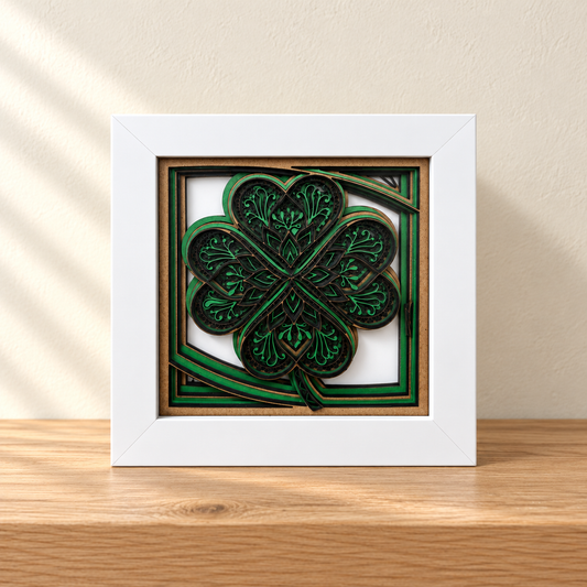 Four-Leaf Clover Shadow Box – Layered Green & Gold Wall Art in Frame - 4 x 4