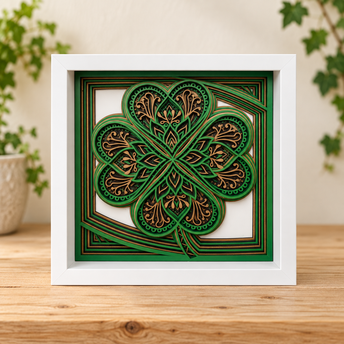 Four-Leaf Clover Shadow Box – Layered Green & Gold Wall Art -6 x 6 Deep Frame