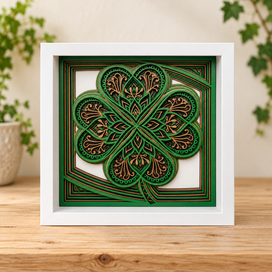 Four-Leaf Clover Shadow Box – Layered Green & Gold Wall Art -6 x 6 Deep Frame