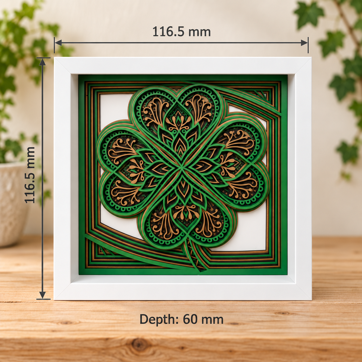 Four-Leaf Clover Shadow Box – Layered Green & Gold Wall Art -6 x 6 Deep Frame