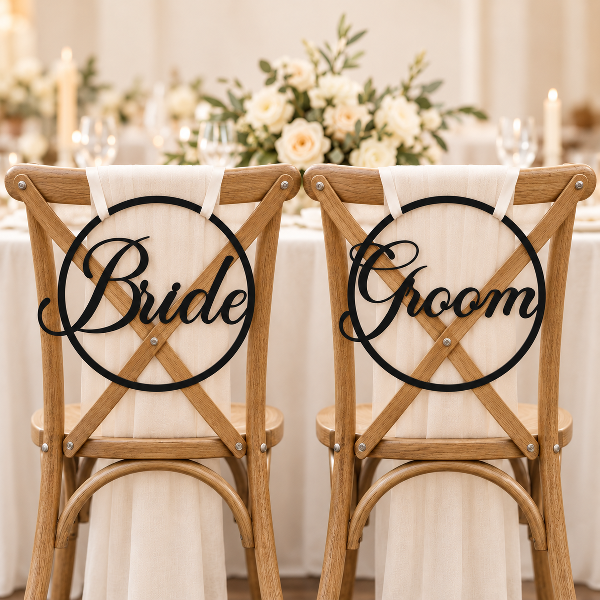 Madina Round Bride & Groom Wedding Chair Signs