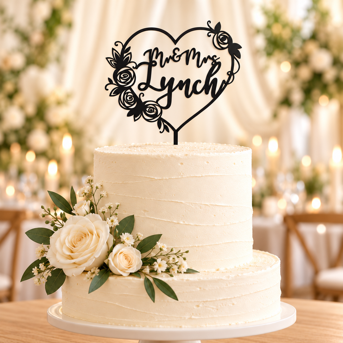 Personalised Floral Heart Cake Topper