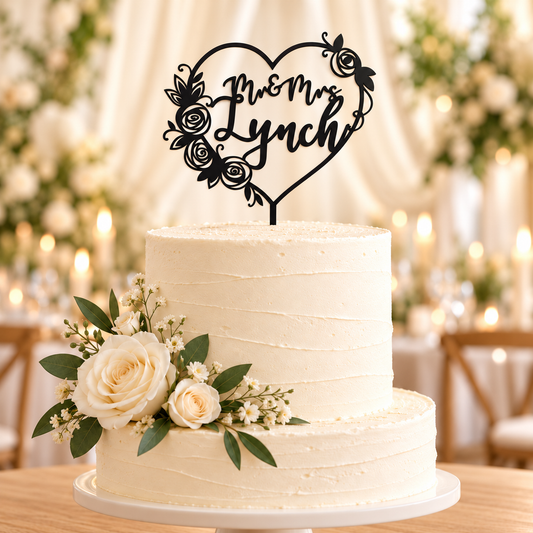 Personalised Floral Heart Cake Topper