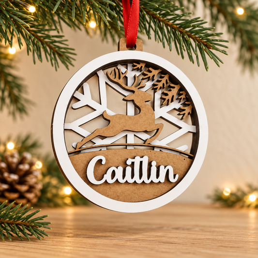 Personalised Reindeer Christmas Bauble – White & Natural Wood